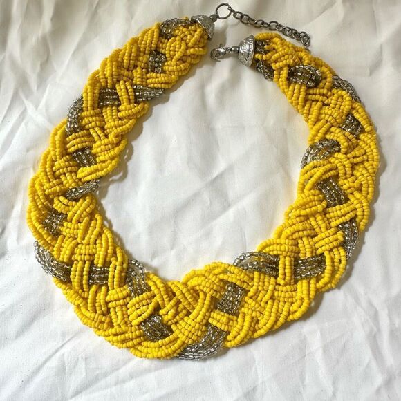 Yellow and silver tone seed beaded statement necklace - Picture 3 of 6